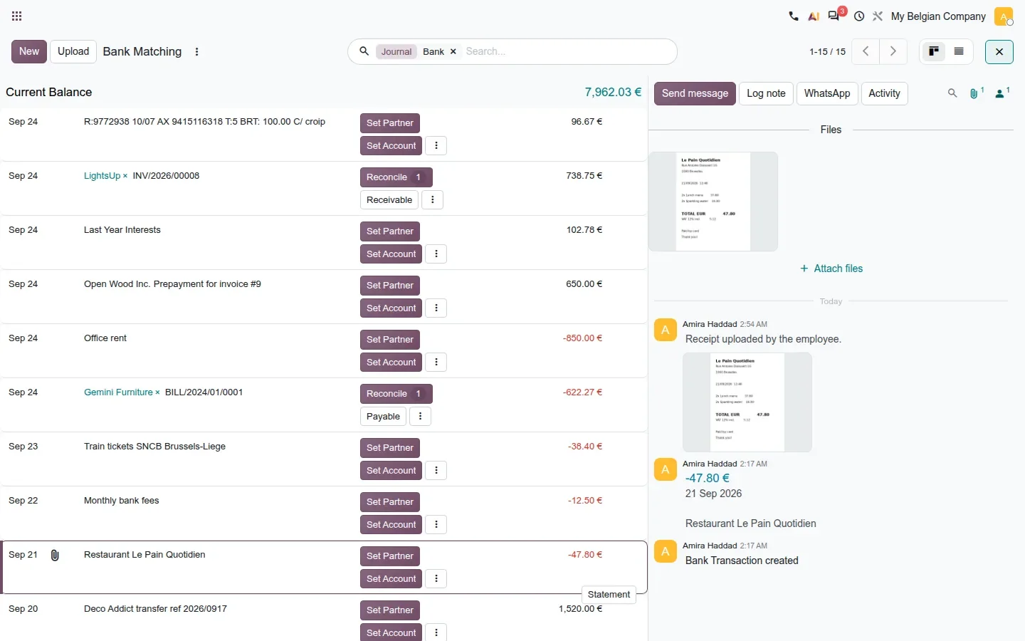 Bank transaction chatter with attached receipt
