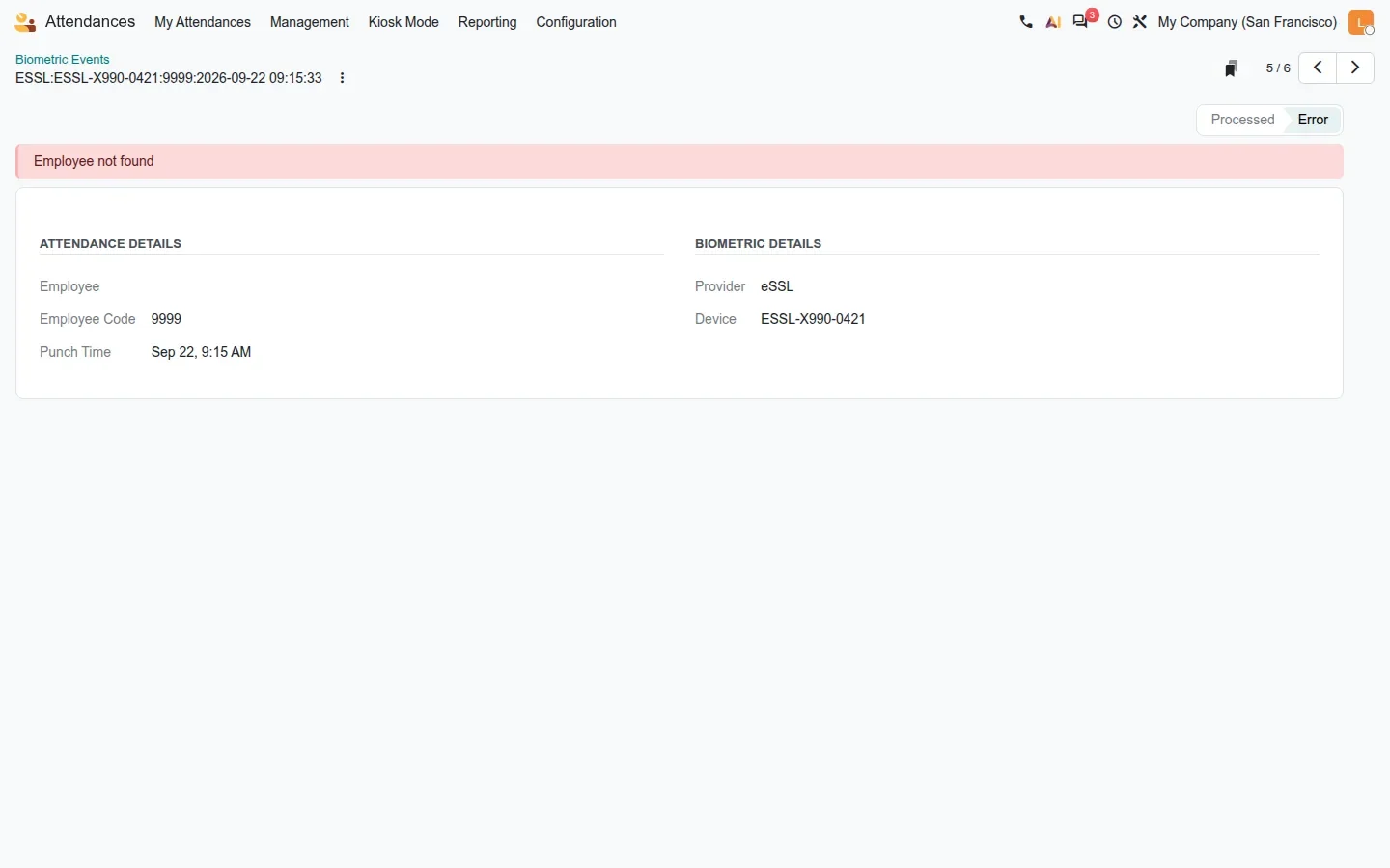 Event form with red banner "Employee not found", code 9999, device ESSL-X990-0421
