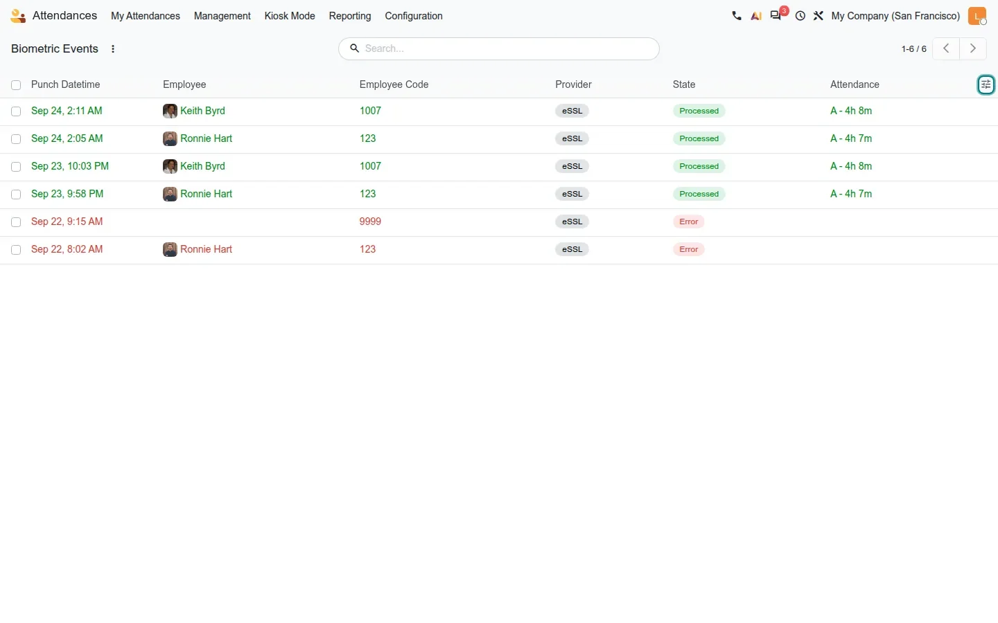 Events list with punch time, employee, code, provider eSSL, state and attendance