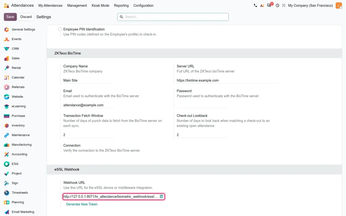 Settings showing Server URL, Email, Password, Transaction Fetch Window, Check-out Lookback and eSSL Webhook URL