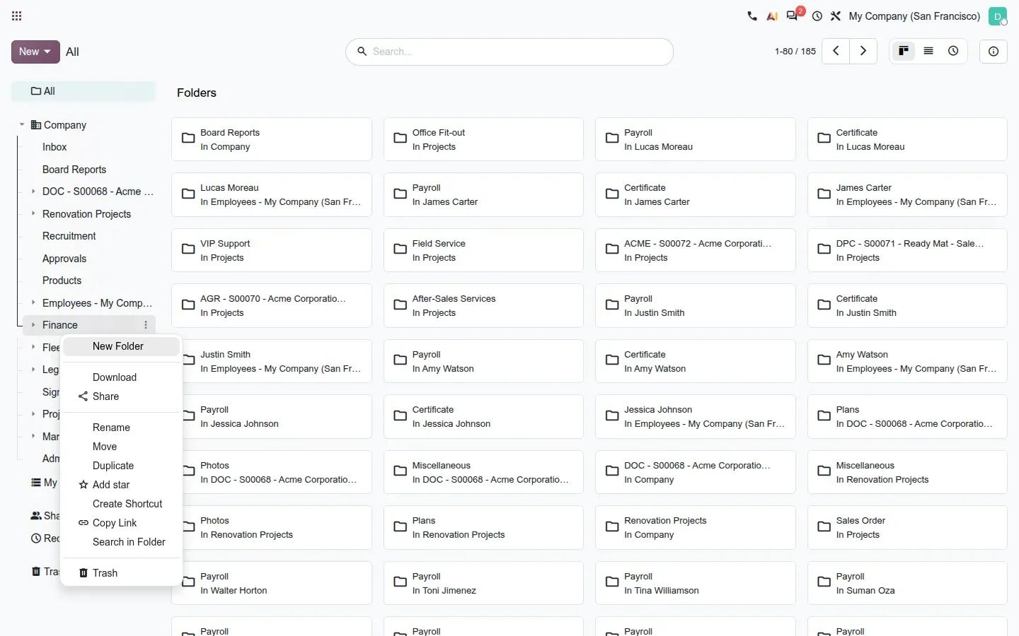 Documents left panel with a context menu on the Finance folder