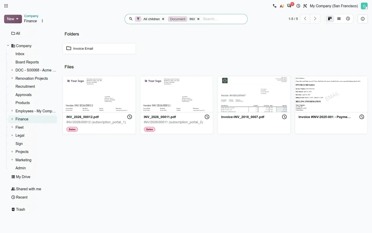 Documents kanban filtered to Finance and its children with invoice files