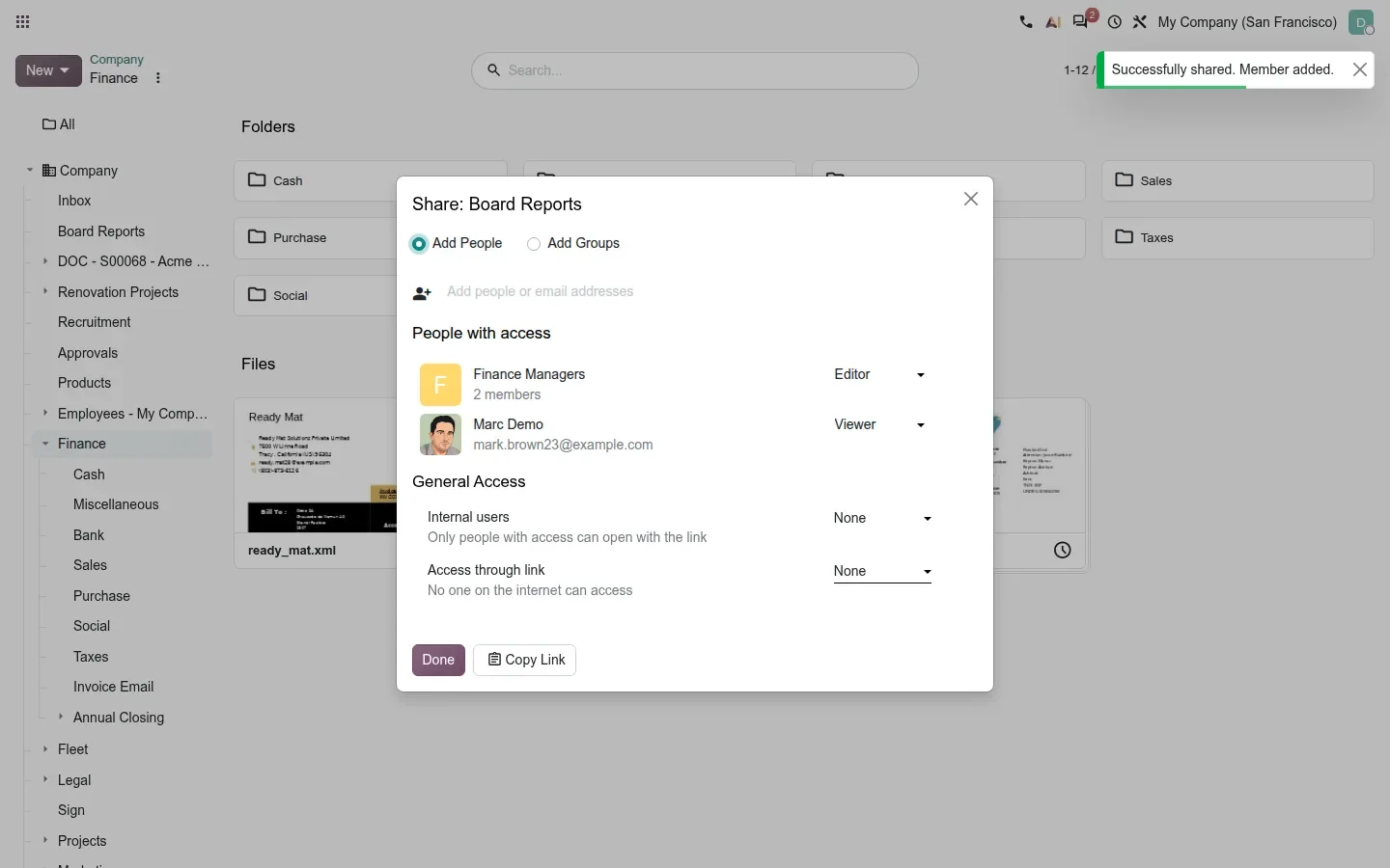 Share dialog listing a group and a user with different roles