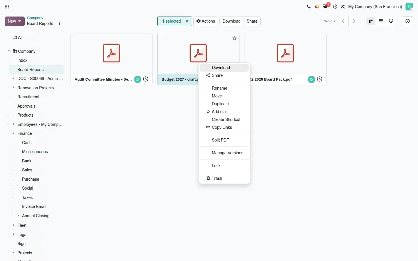 Context menu on a PDF card