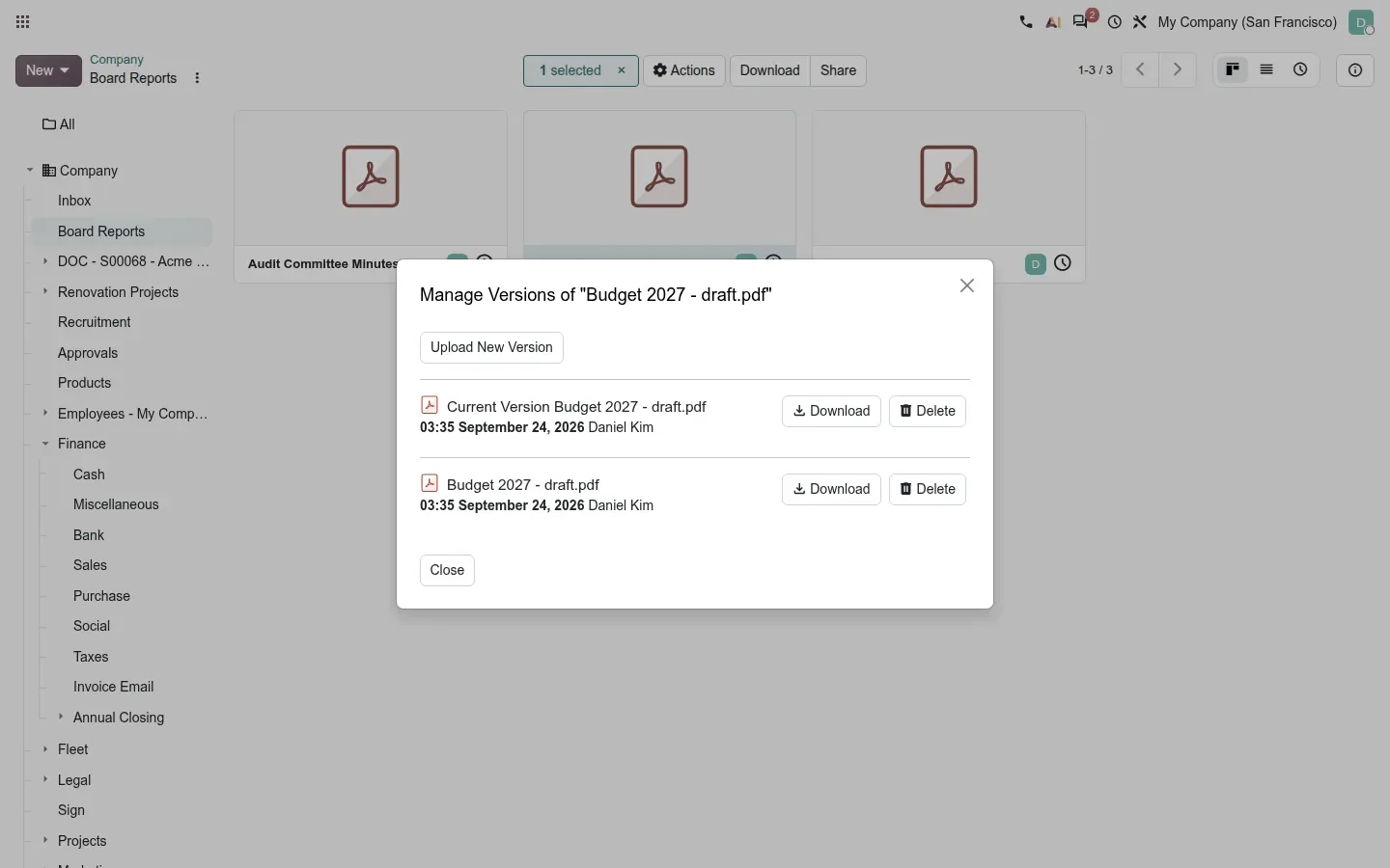 Dialog listing two versions with Download and Delete buttons