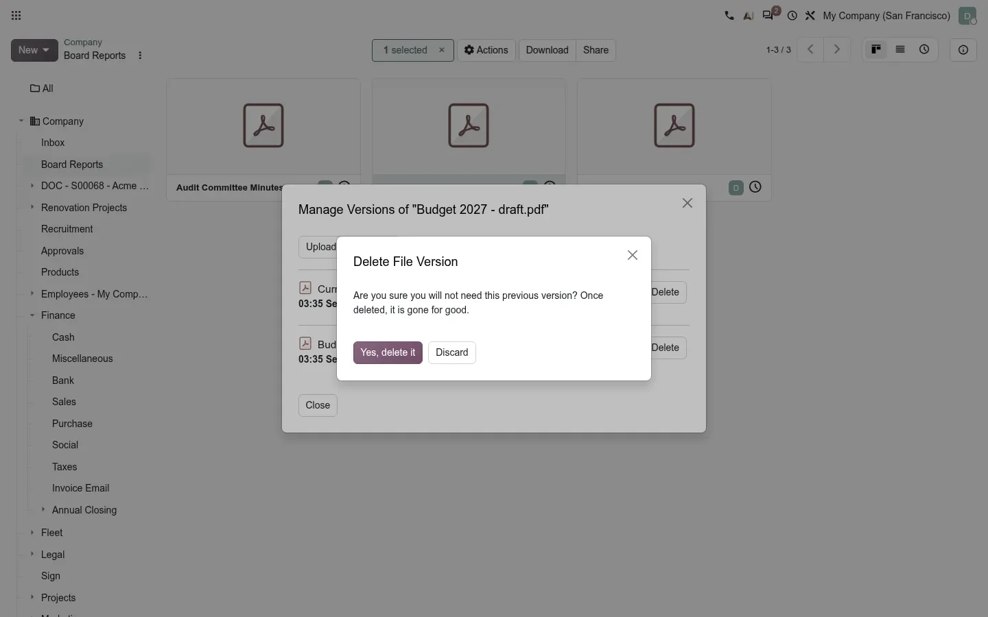 Confirmation dialog for deleting an old version