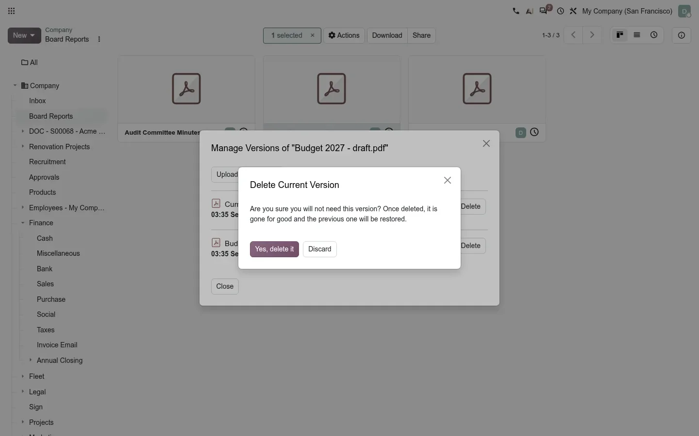 Confirmation dialog for deleting the current version