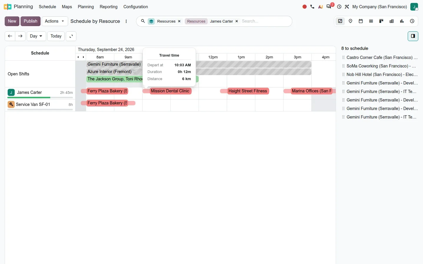 Travel time popover reading Depart at 10:03 AM, Duration 0h 12m, Distance 6 km above a Gantt pill