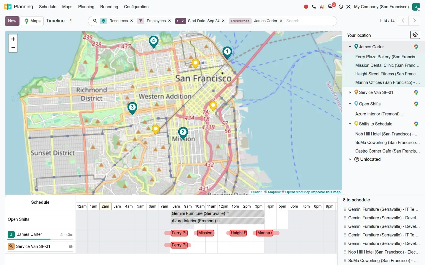 Map of San Francisco with four numbered teal pins and a timeline of the same four interventions below