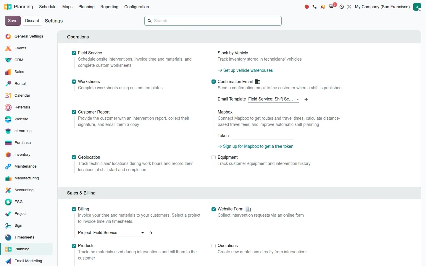 Planning settings page showing Field Service, Worksheets, Customer Report and Geolocation checked, and an empty Mapbox token field