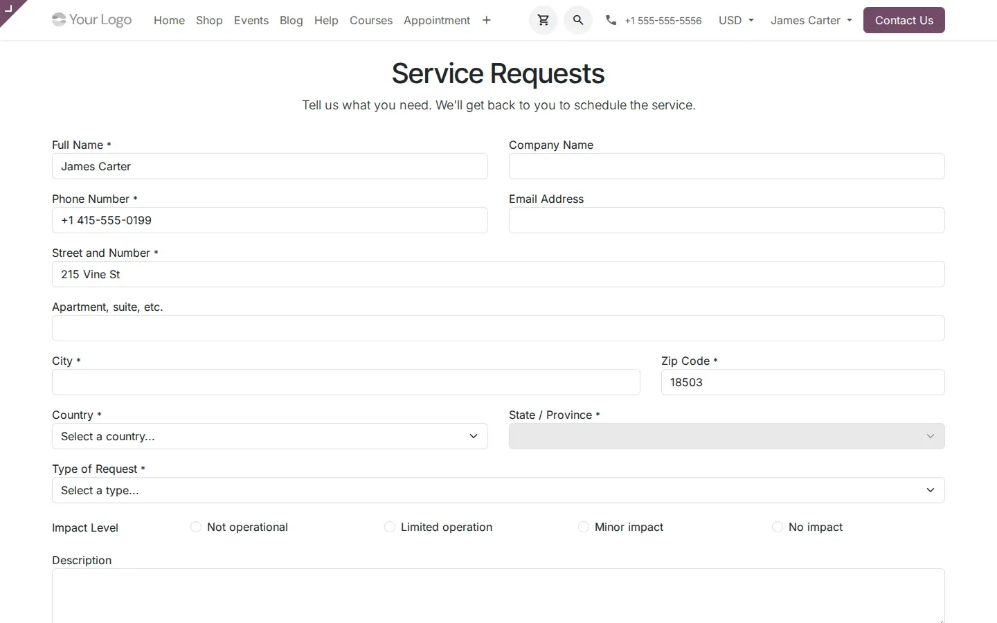 Website page titled Service Requests with name, phone, address, type of request and impact level fields