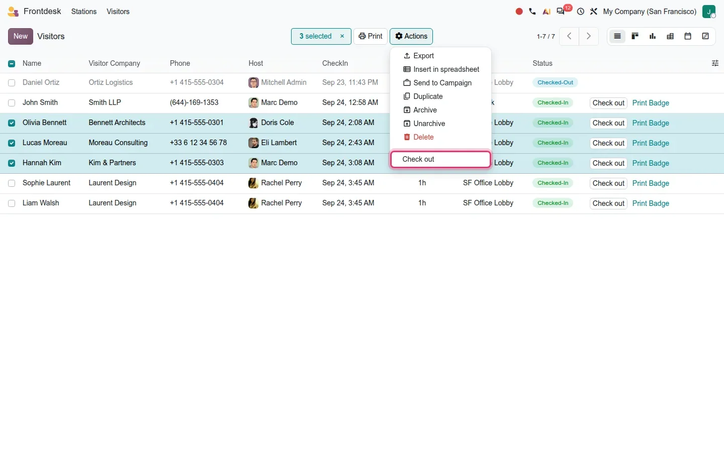 Visitors list with three rows selected and the Check out action highlighted in the Actions menu