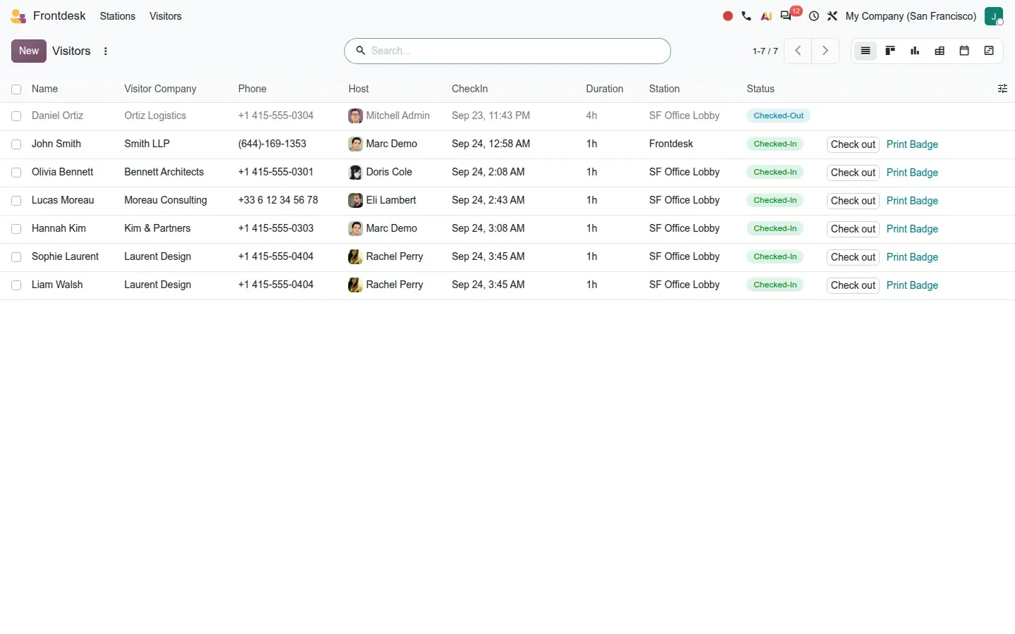 Visitors list with statuses Checked-In and Checked-Out
