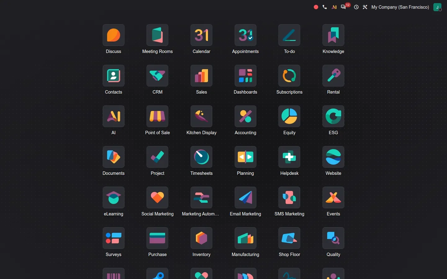 Odoo 20 home menu grid of app icons on a dark background
