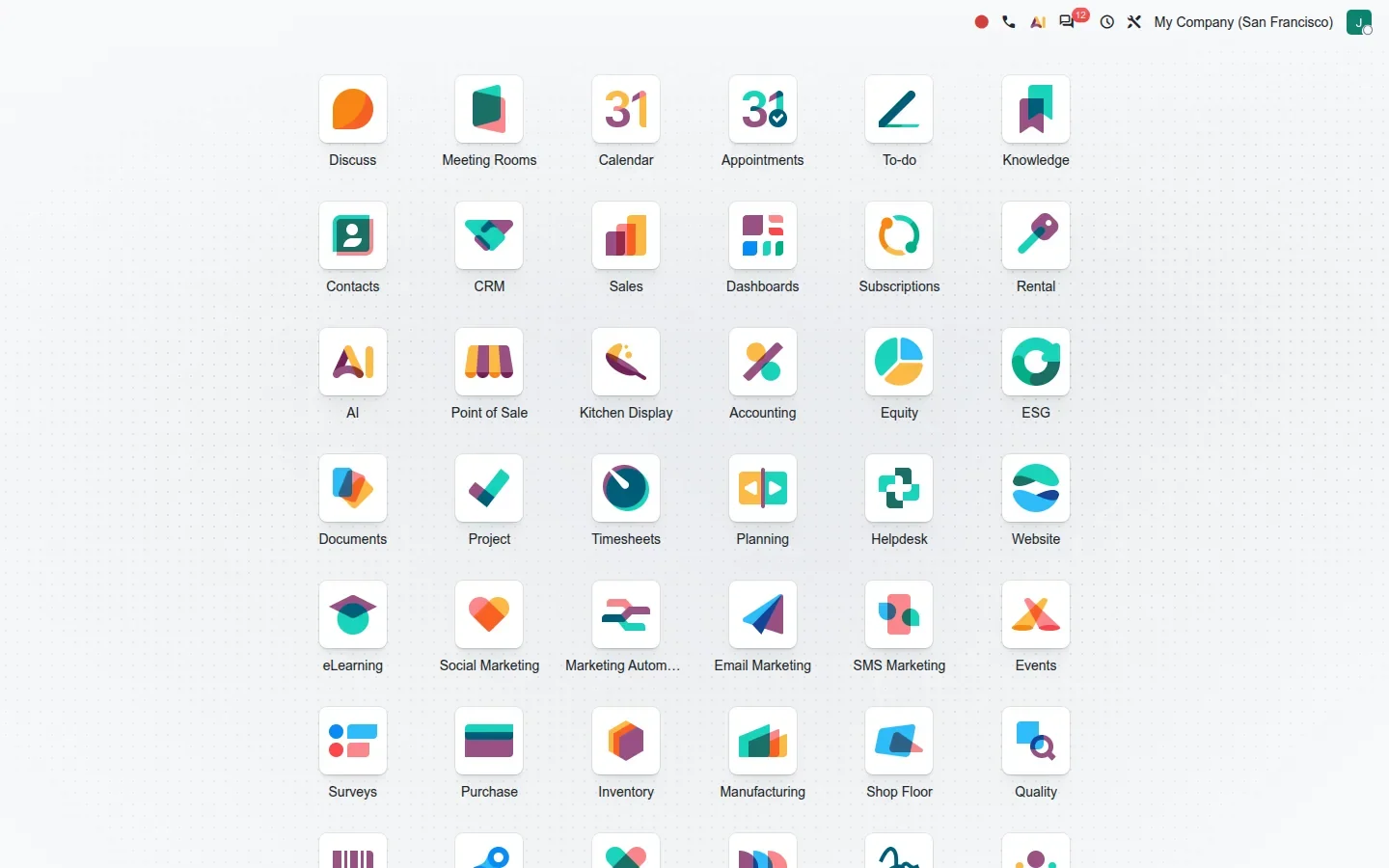 Odoo 20 home menu grid of colourful app icons on a light dotted background
