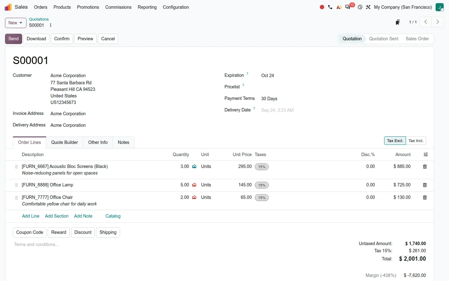 Quotation S00001 for Acme Corporation in the redesigned light form view