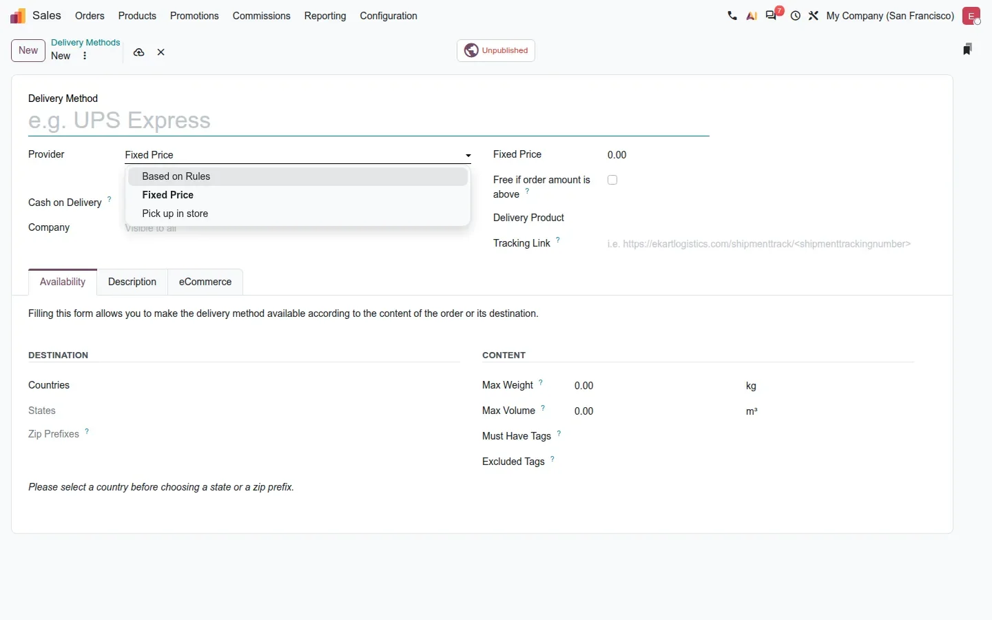 Delivery method form with the Provider dropdown open showing Based on Rules, Fixed Price, Pick up in store.