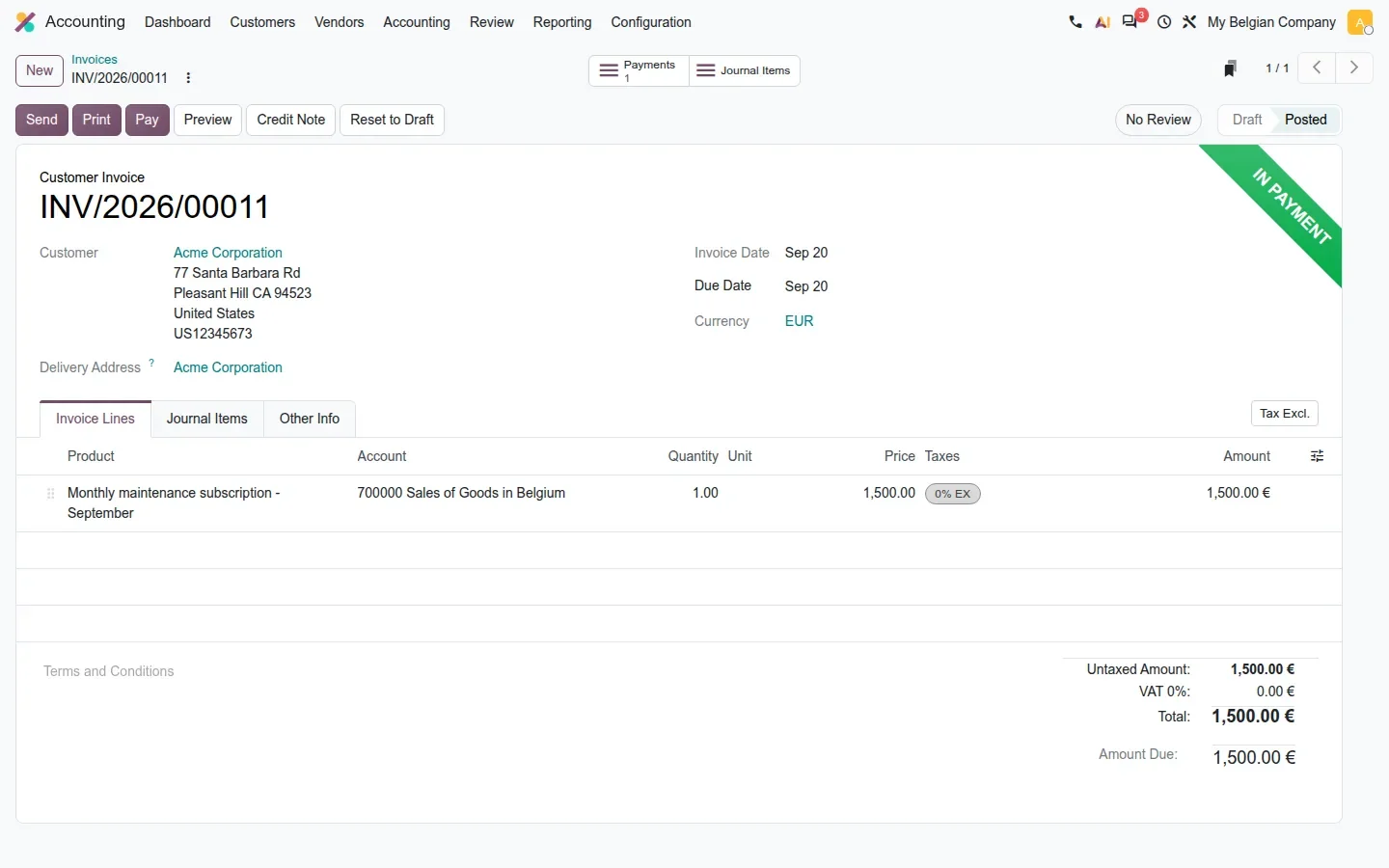 Invoice in payment via direct debit