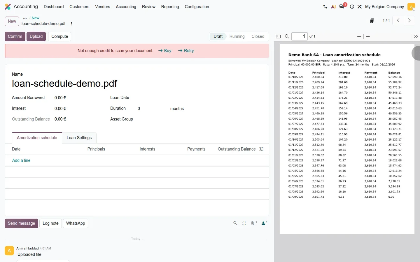 Loan form after uploading an amortization PDF