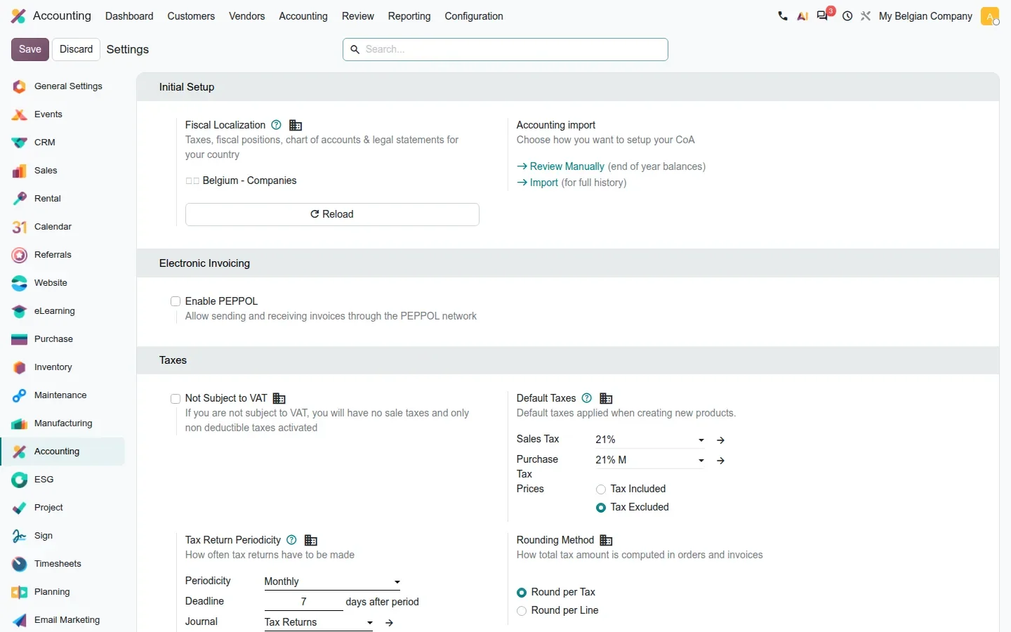 Accounting settings, localization and Peppol