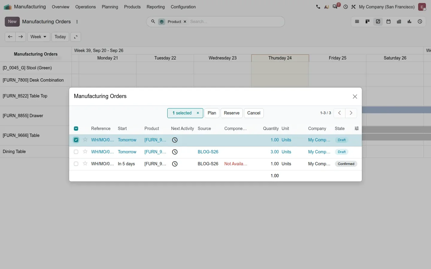 Dialog listing three Table manufacturing orders, one draft order selected, buttons Plan, Reserve and Cancel.