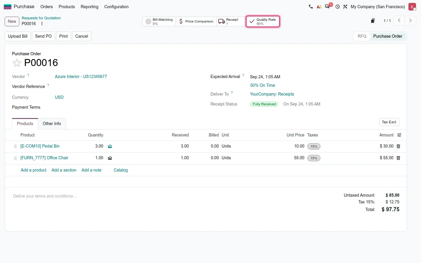 Purchase order form with a highlighted "Quality Rate 50%" smart button.