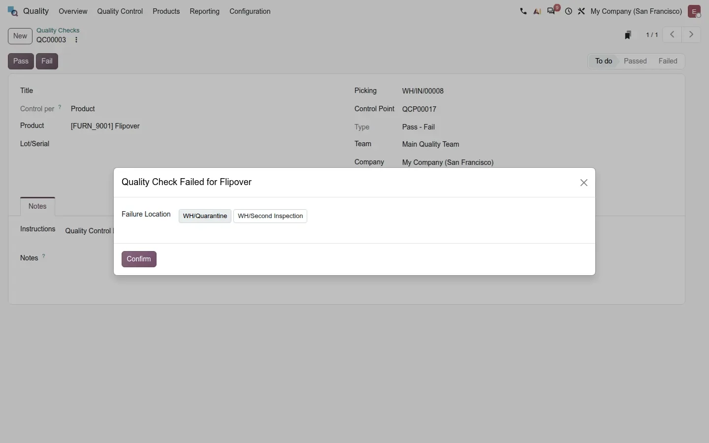 Dialog "Quality Check Failed for Flipover" with Failure Location badges WH/Quarantine and WH/Second Inspection.