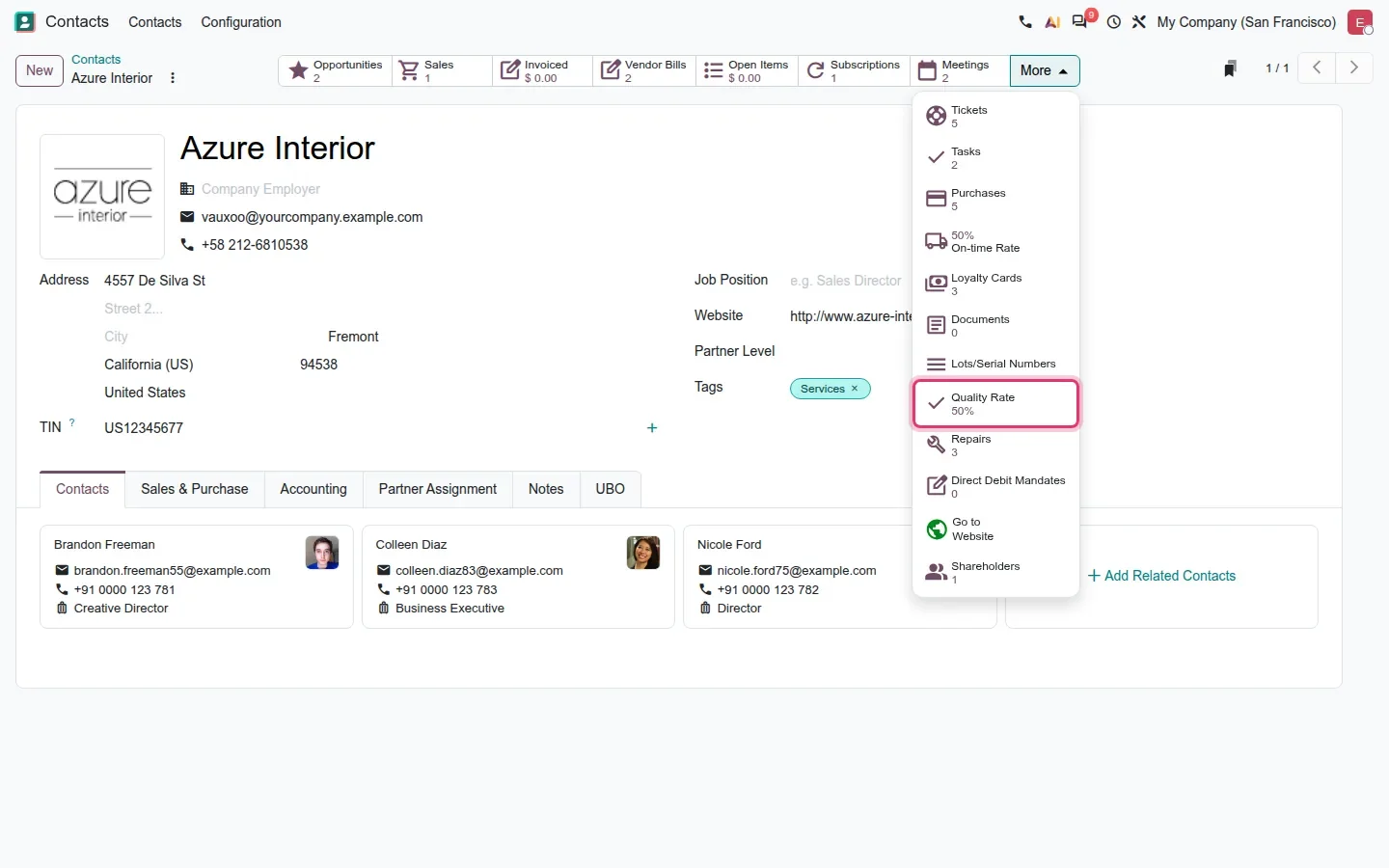 Azure Interior contact form with the button box "More" menu open and "Quality Rate 50%" highlighted.