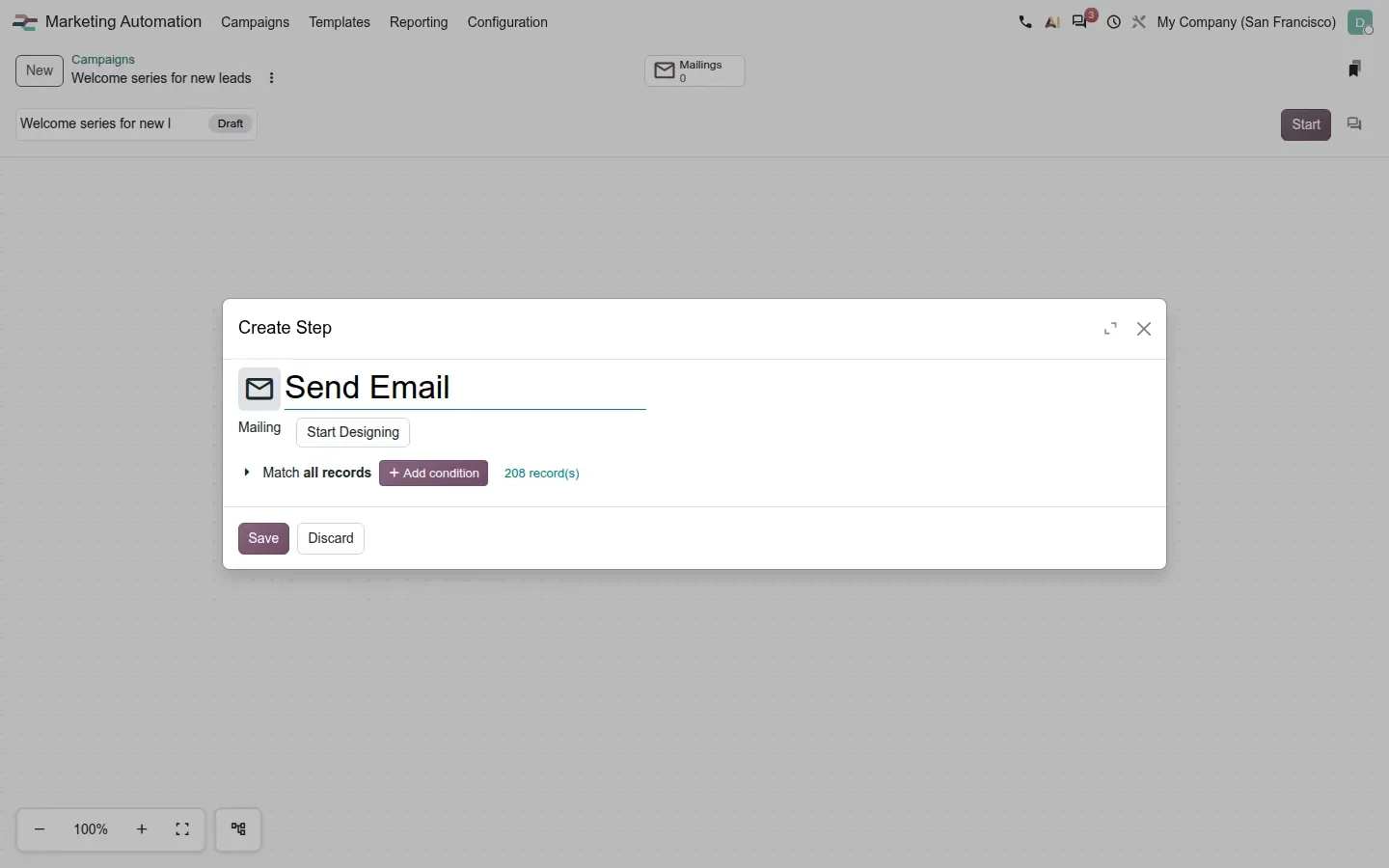 Create Step dialog with a Start Designing button in the Mailing field