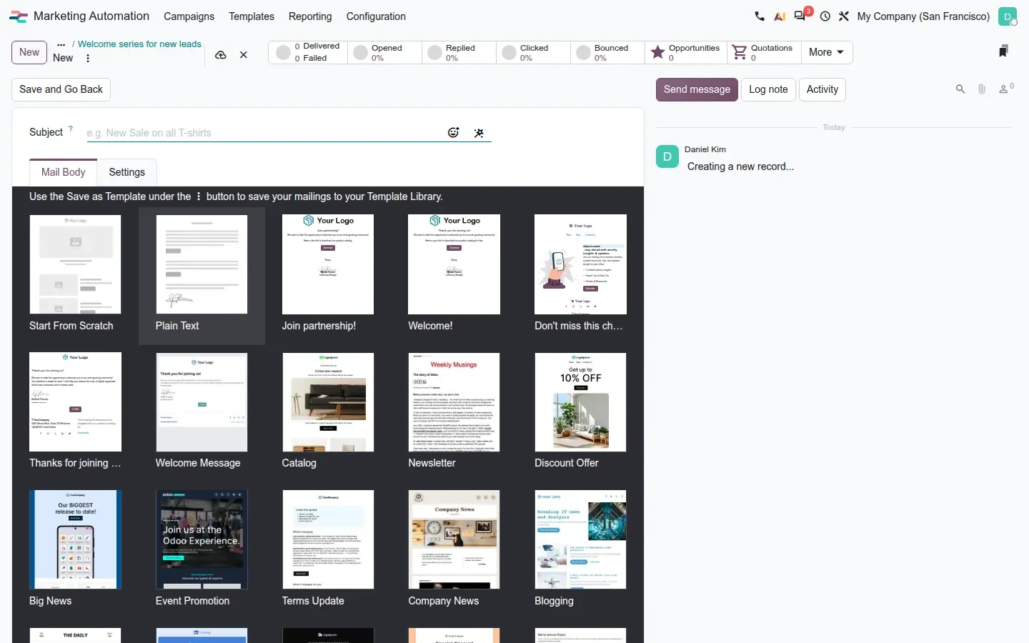 Email template gallery inside the mailing form
