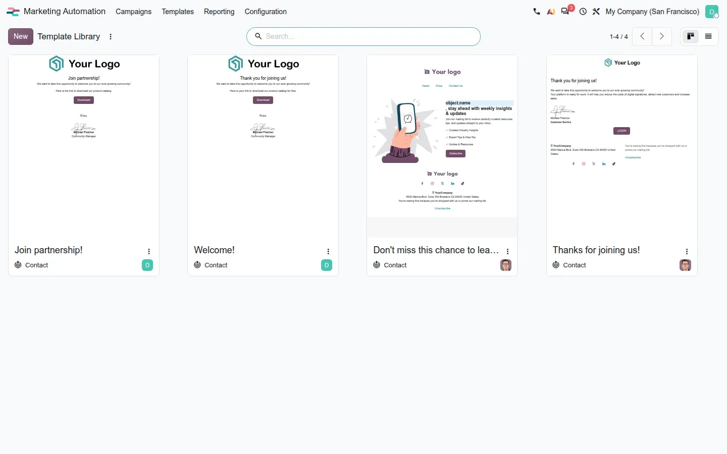 Kanban of four email templates