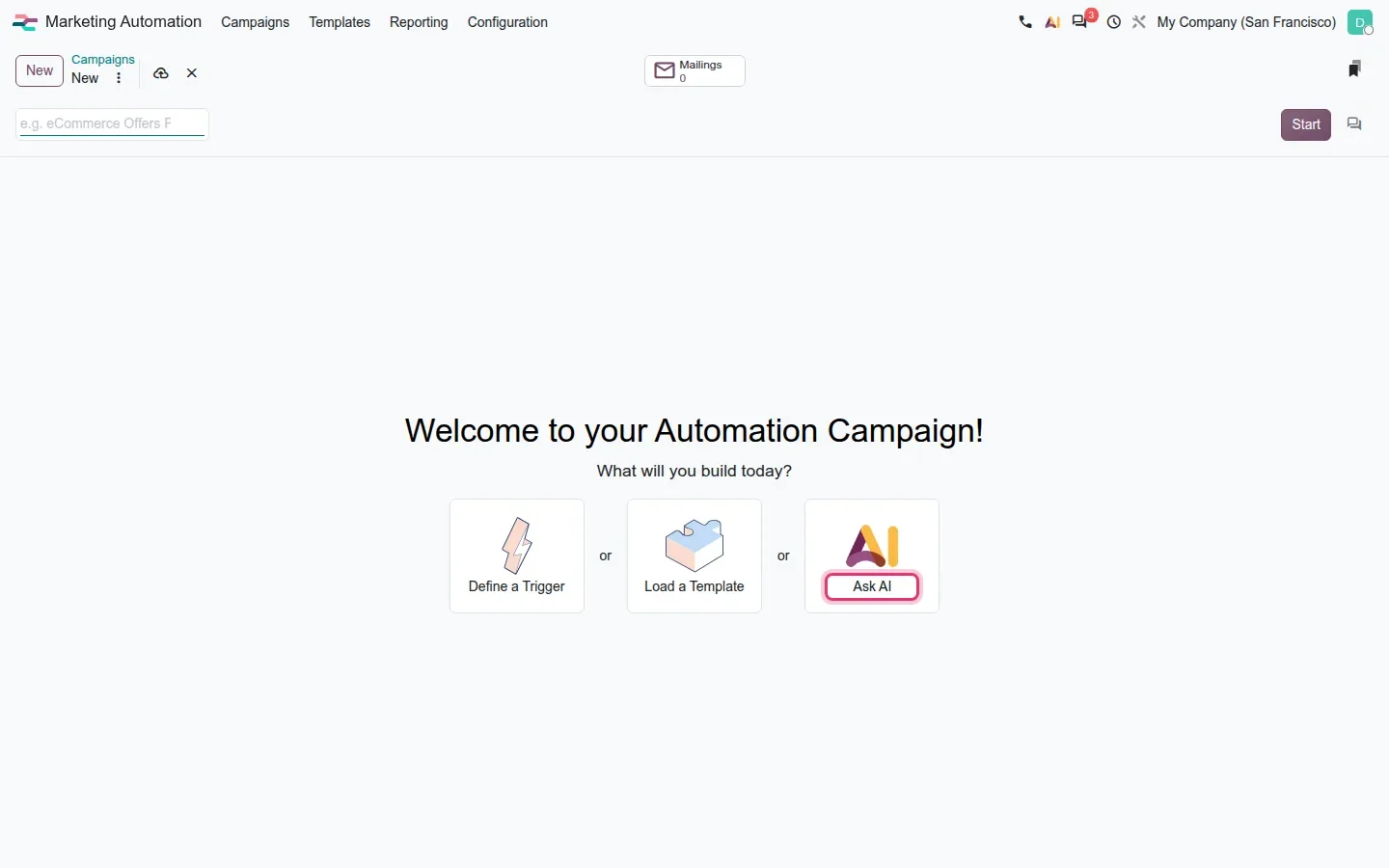 Three large buttons on an empty campaign