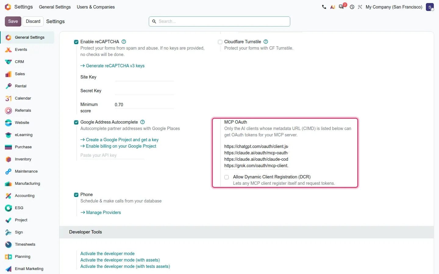 Settings block MCP OAuth with client metadata URLs and a DCR checkbox