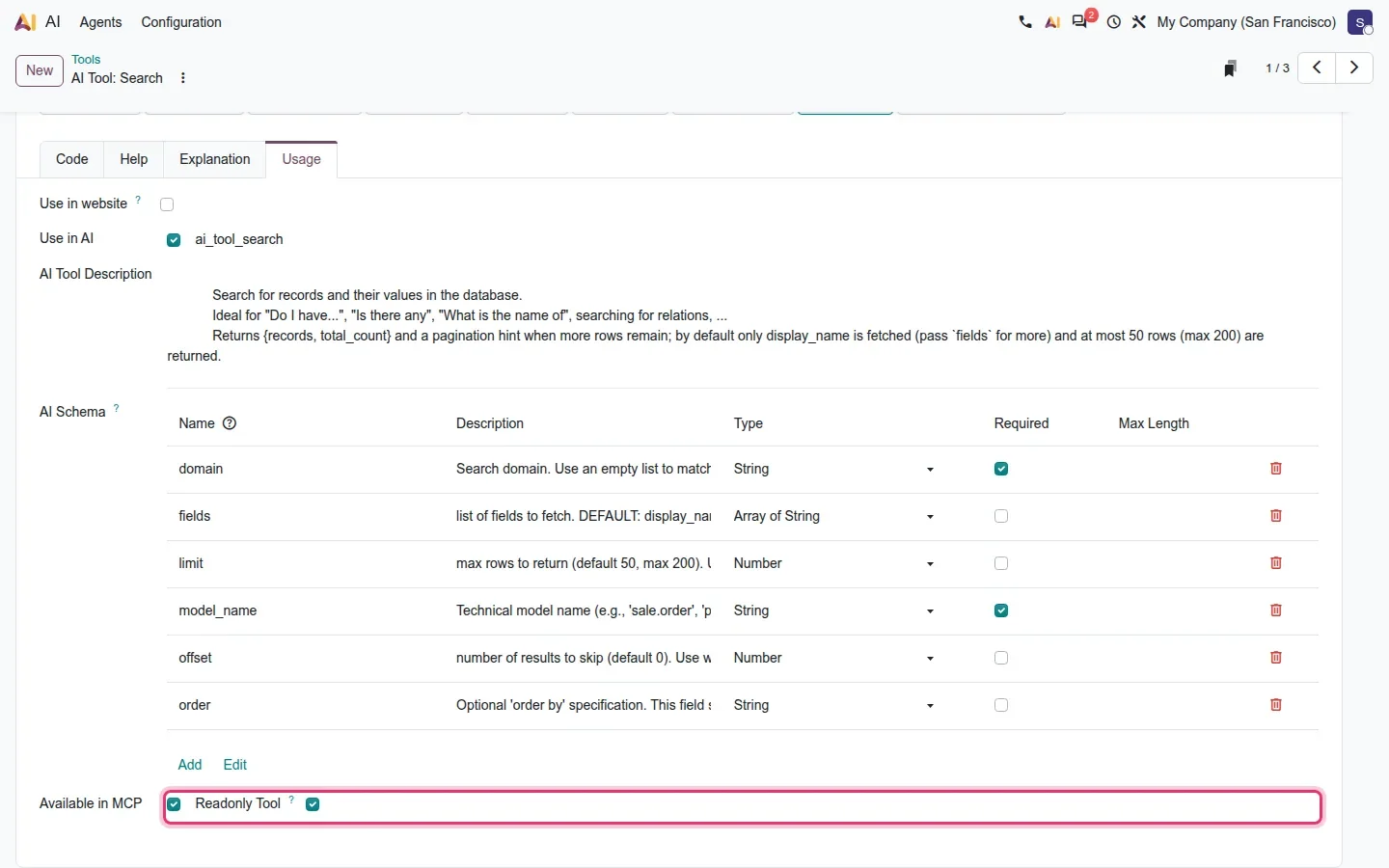 Server action form with Available in MCP and Readonly Tool ticked