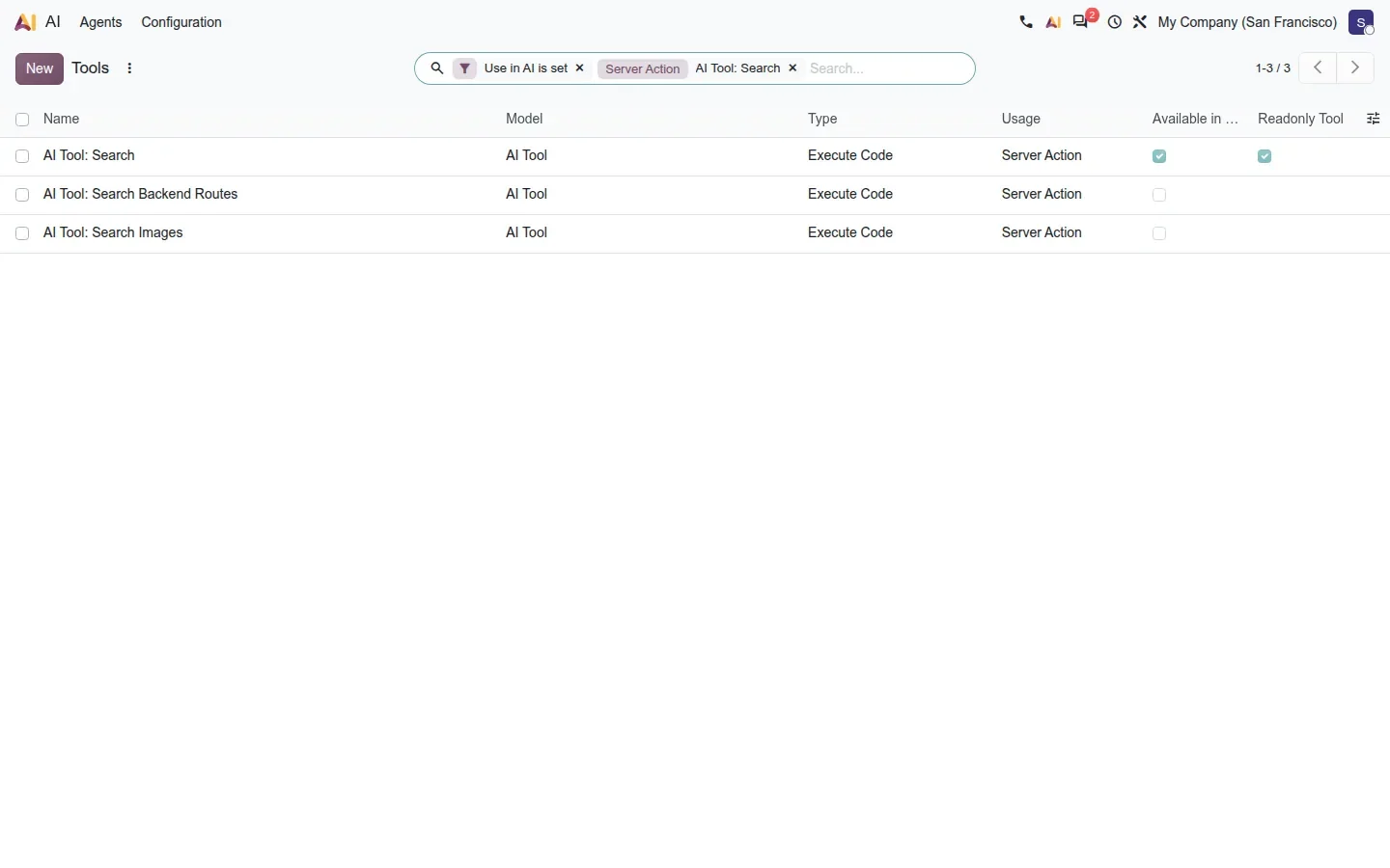 Tools list filtered on "AI Tool: Search" showing the MCP flags