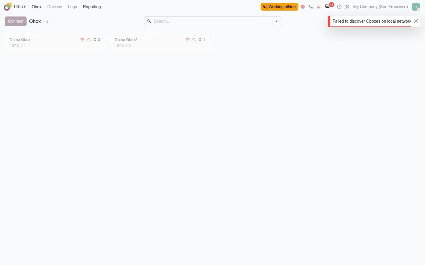 Obox app with a red notification Failed to discover Oboxes on local network