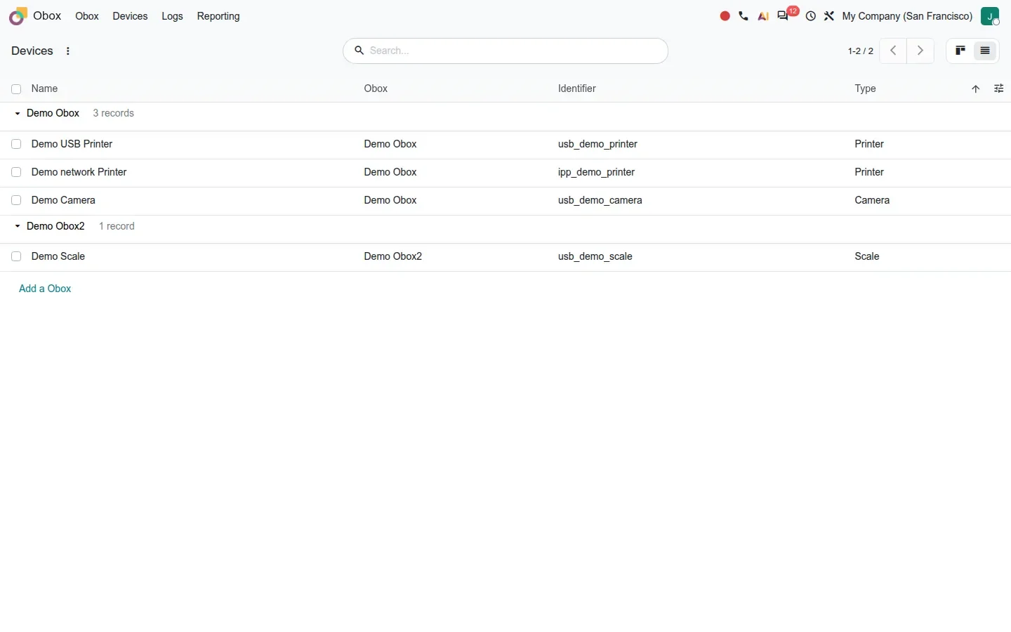 Devices list with four devices grouped under Demo Obox and Demo Obox2