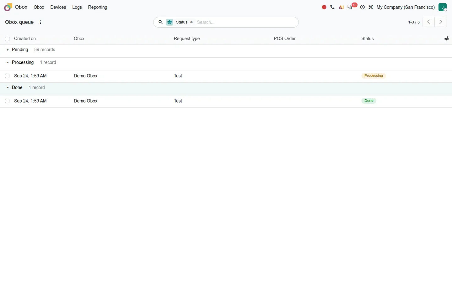 Obox queue grouped by status with one Processing and one Done request expanded