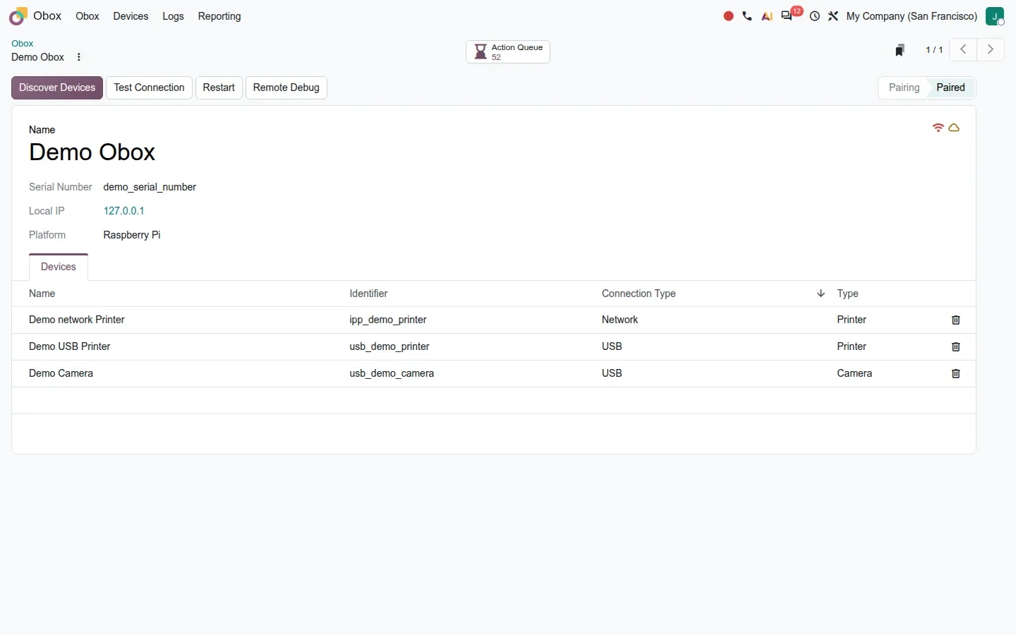 Demo Obox form listing a network printer, a USB printer and a USB camera