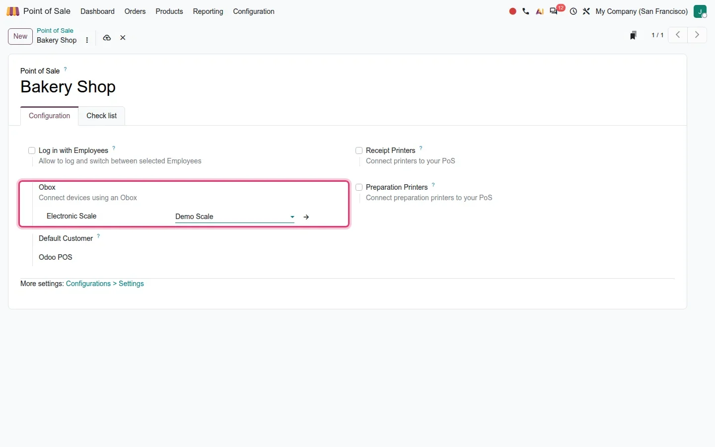 PoS settings with an Obox section and Demo Scale selected as the electronic scale