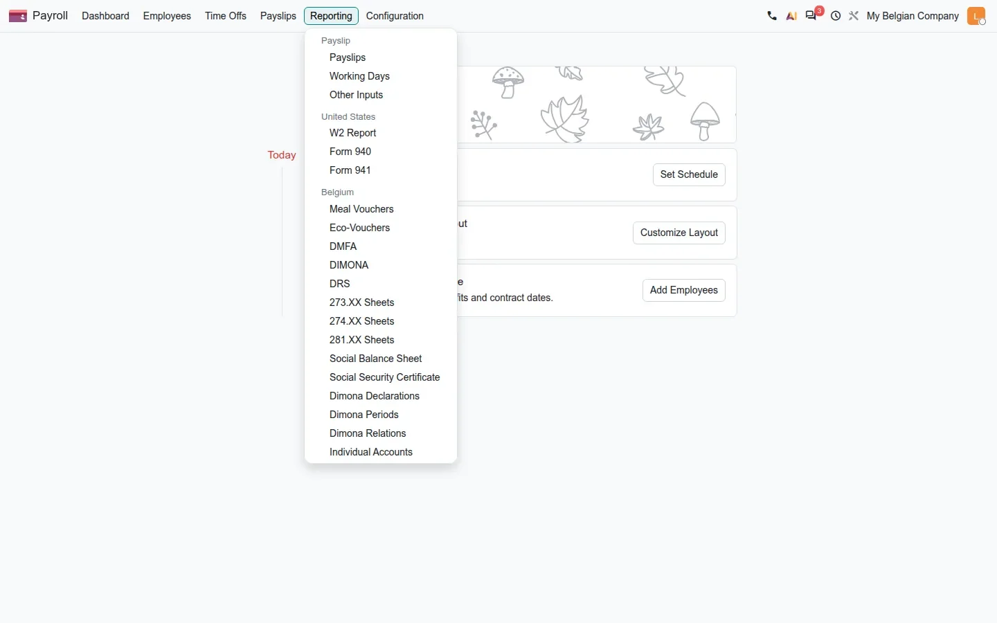 Reporting dropdown listing 273.XX, 274.XX, 281.XX Sheets, DMFA, DIMONA, DRS...