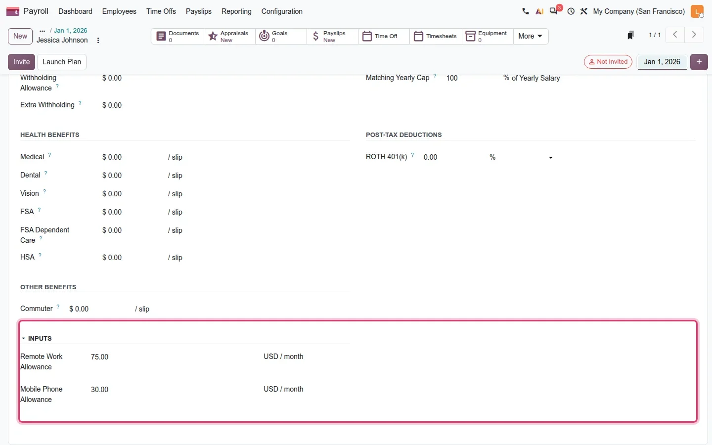 Inputs block with Remote Work Allowance 75 and Mobile Phone Allowance 30 USD / month