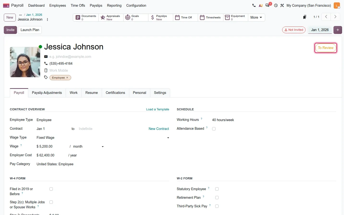 Jessica Johnson employee record with a To Review badge