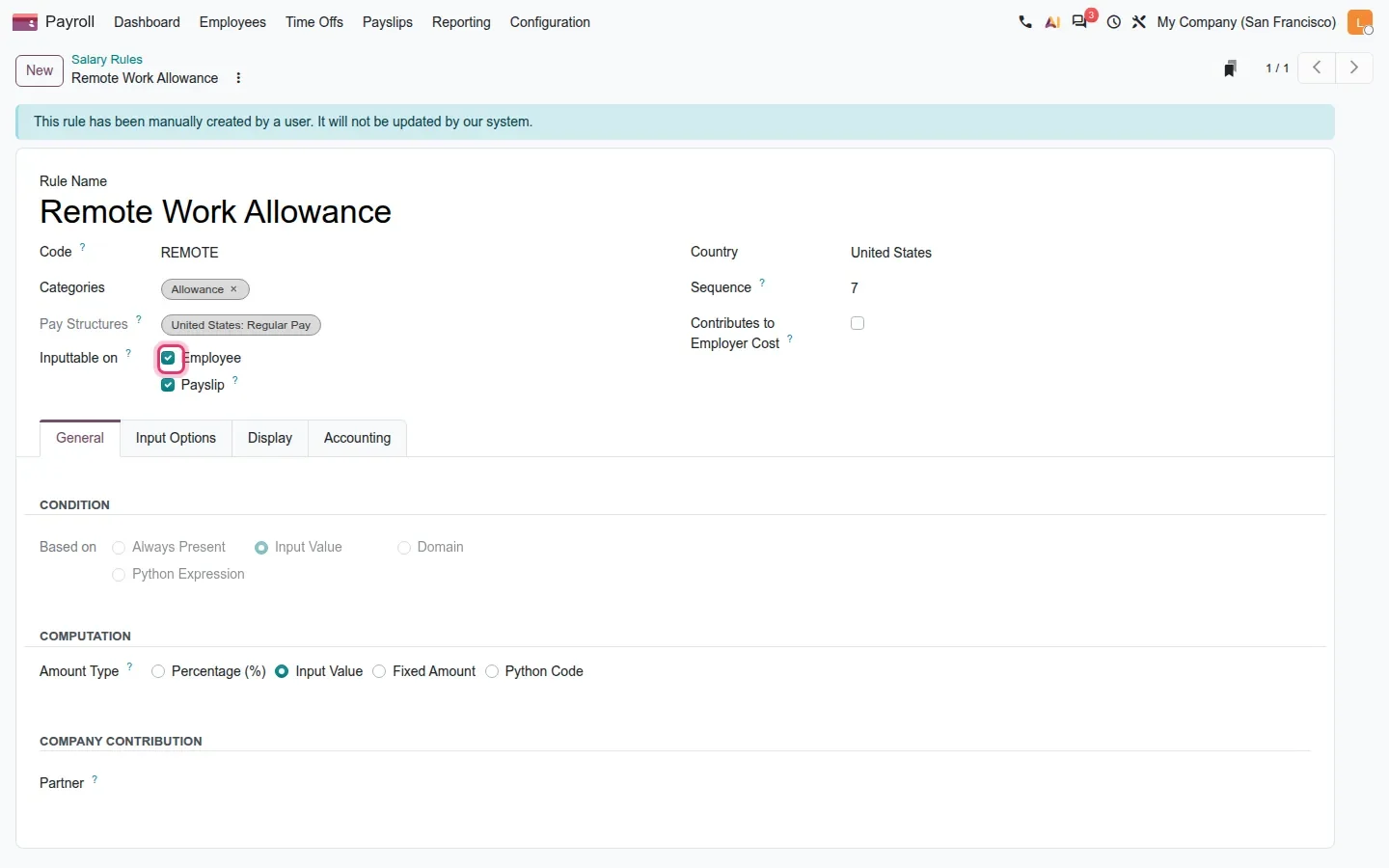 Remote Work Allowance rule form with Employee and Payslip checkboxes ticked