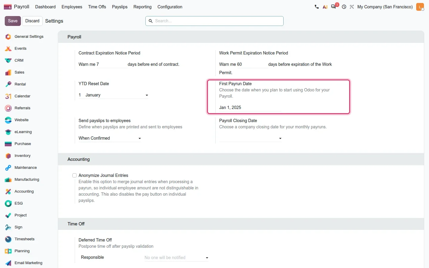 Payroll settings with First Payrun Date set to Jan 1, 2025