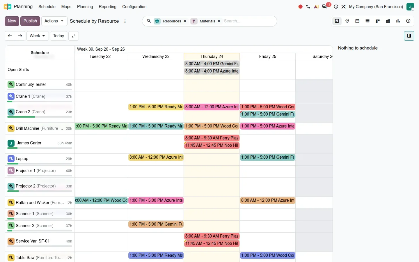 Week Gantt showing rows for cranes, drill, laptop, projectors, scanners and the service van