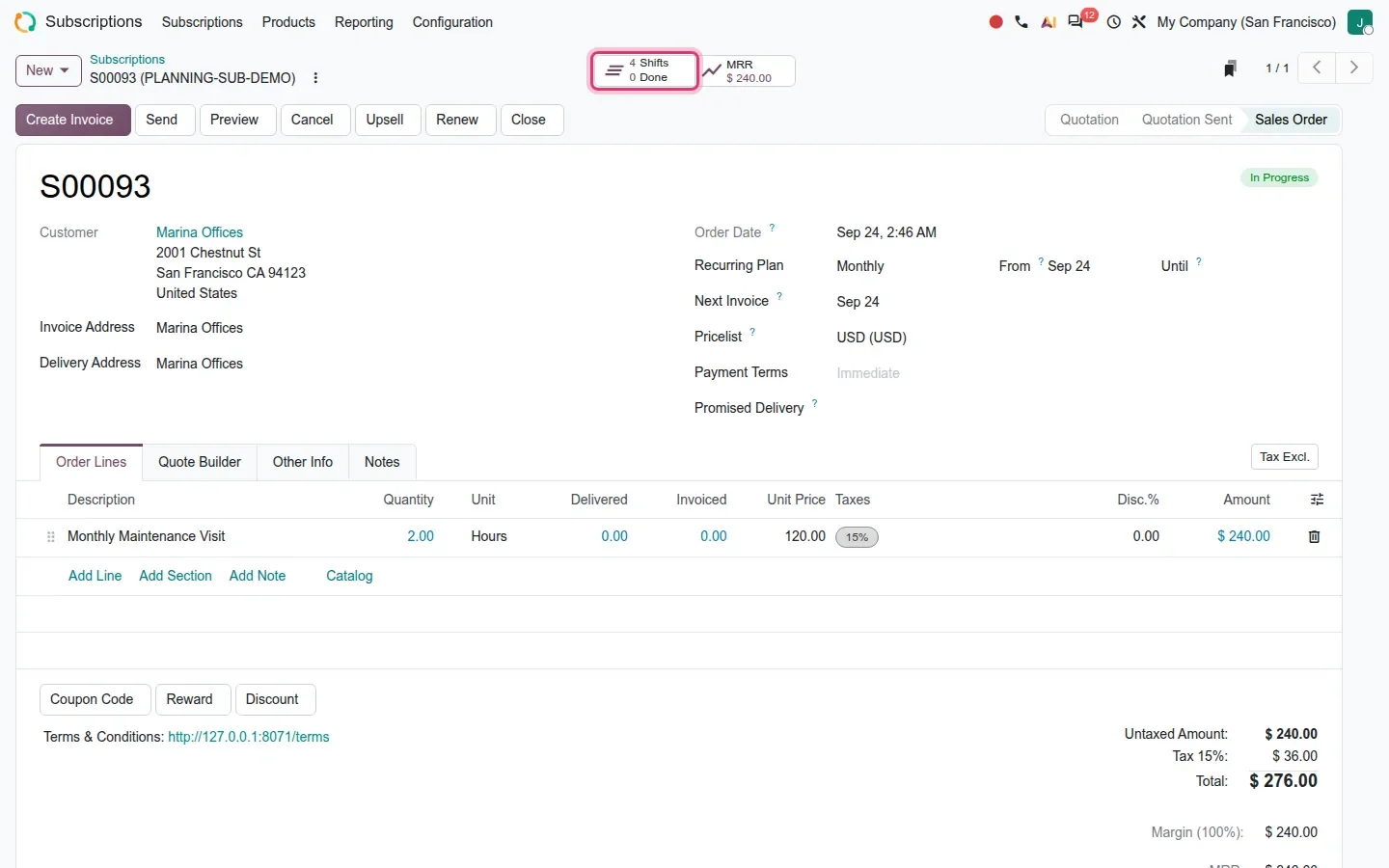 Subscription S00093 for Marina Offices with the Shifts smart button highlighted