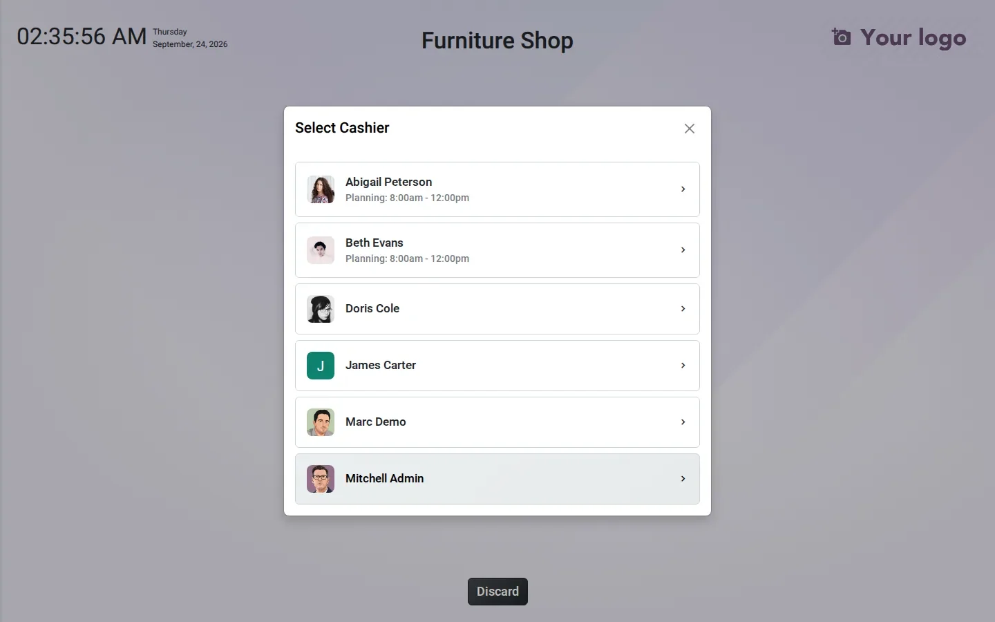 Select Cashier dialog expanded to show Mitchell Admin at the bottom.