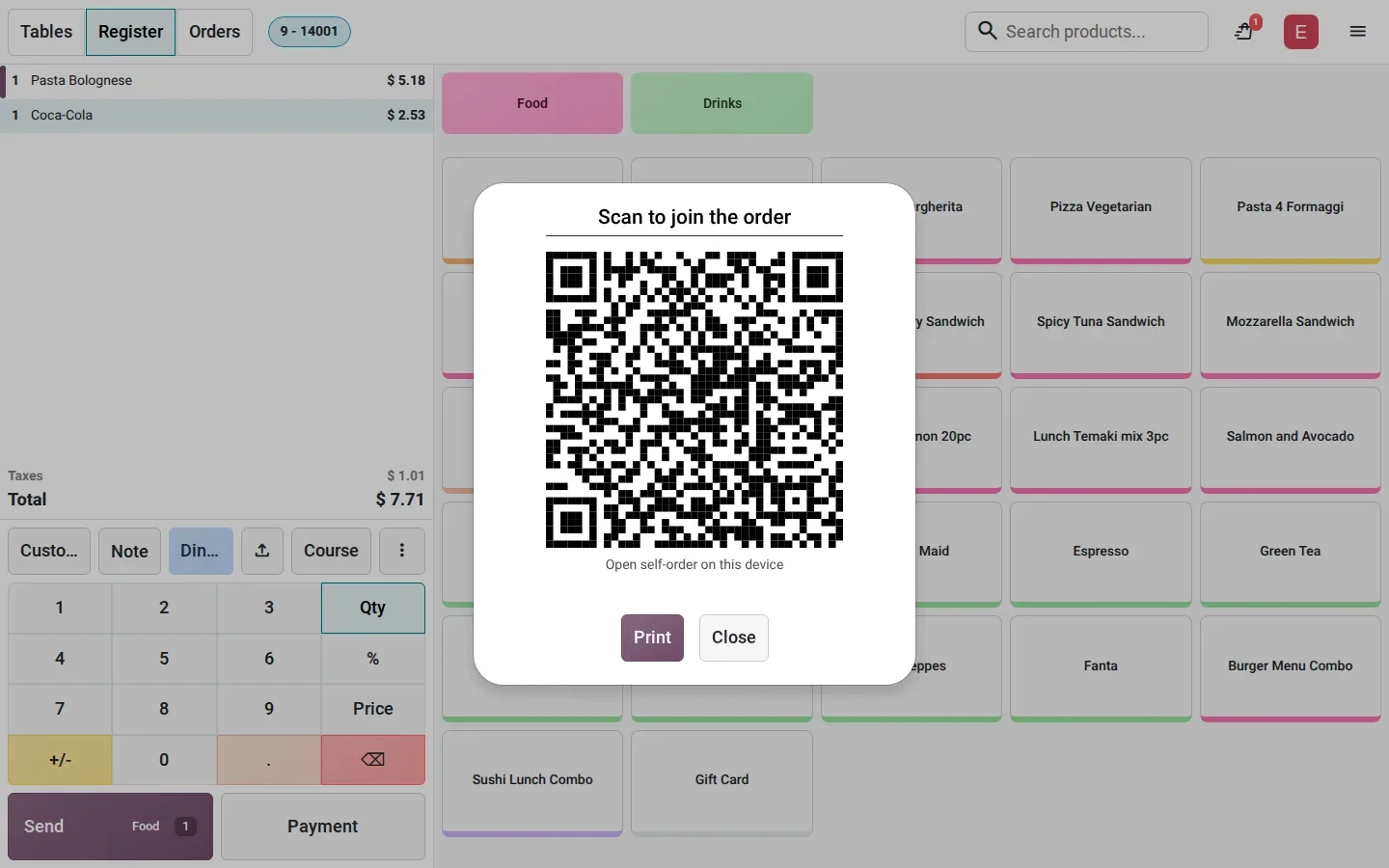 PoS order for table 9 with a popup showing a QR code titled "Scan to join the order", with Print and Close buttons.