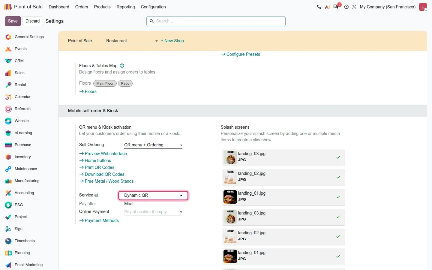 Settings block with Self Ordering "QR menu + Ordering", Service at "Dynamic QR" highlighted and Pay after "Meal".
